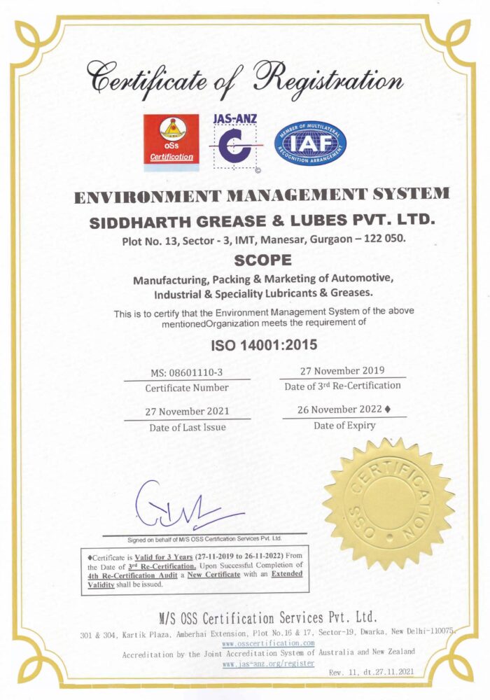 Certifications | Grease Manufacturing Company in India | Siddharth Petro