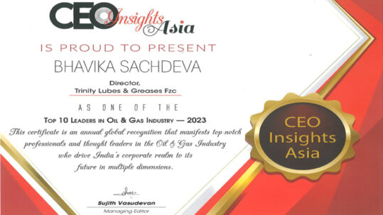 Certificate from CEO Insights Asia awarding Bhavika Sachdeva as one of the Top 10 Leaders in Oil & Gas Industry 2023