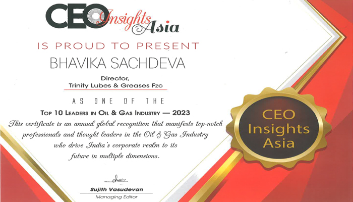 Certificate from CEO Insights Asia awarding Bhavika Sachdeva as one of the Top 10 Leaders in Oil & Gas Industry 2023