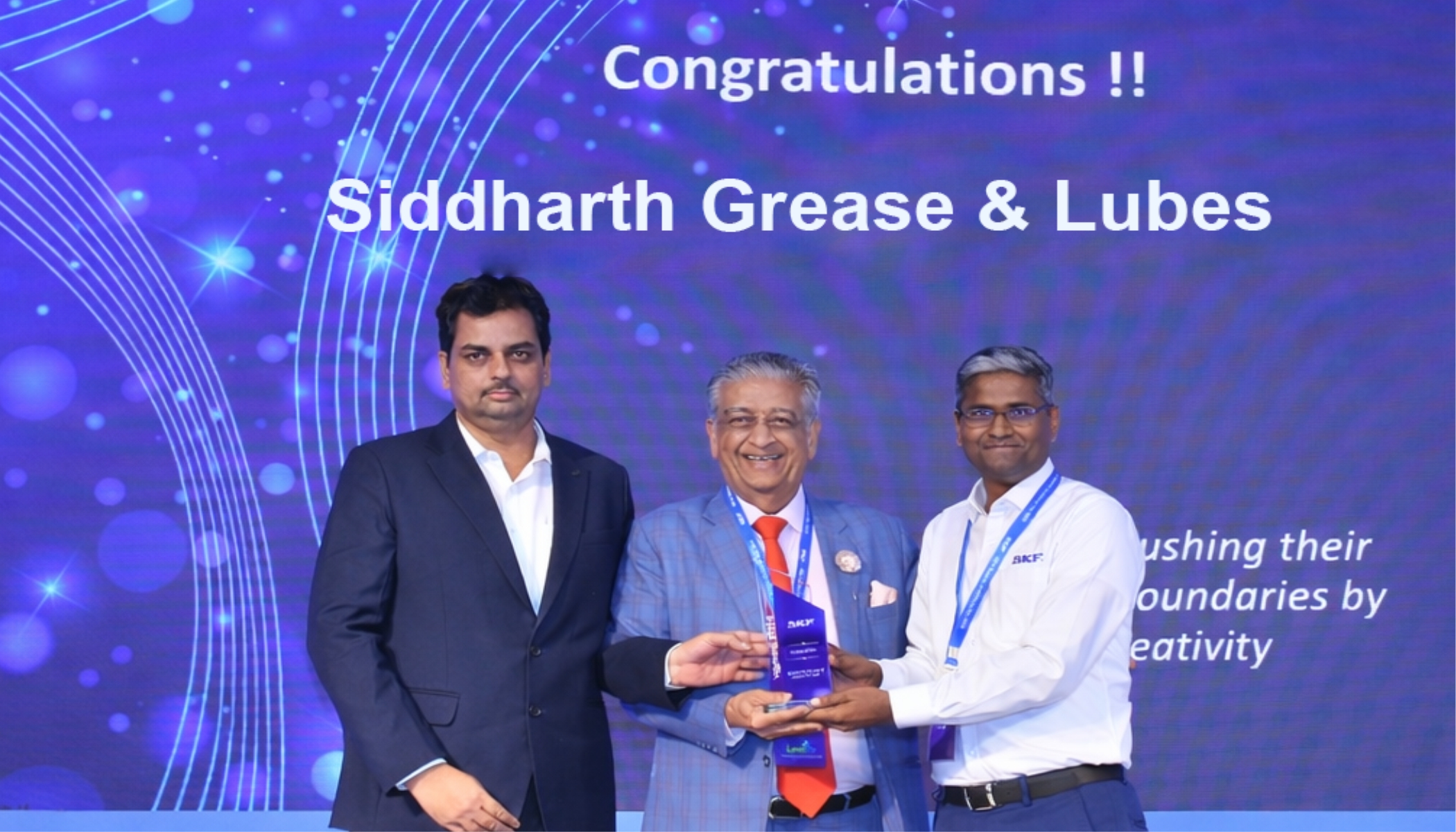 Siddharth Grease & Lubes receiving an award from SKF for pushing boundaries by creativity