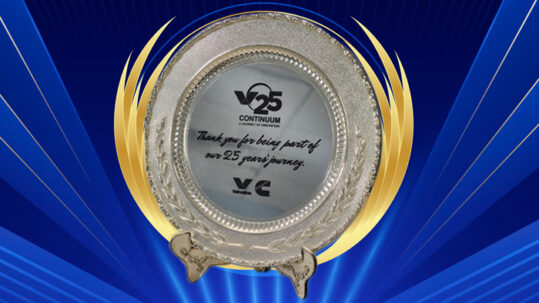 Silver trophy from Valvoline Cummins recognizing 25 years of partnership at V25 Continuum event
