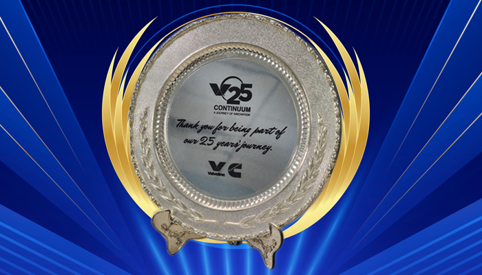 Silver trophy from Valvoline Cummins recognizing 25 years of partnership at V25 Continuum event